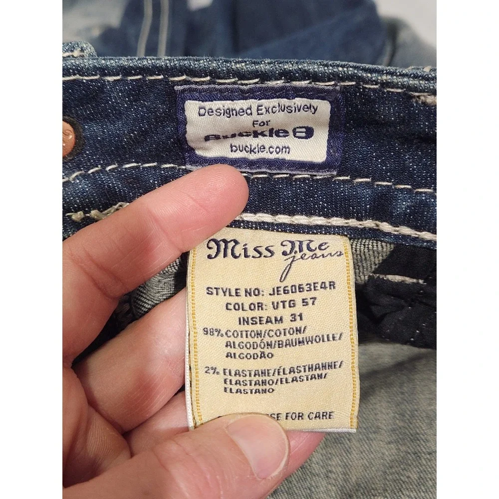 Miss Me Easy Boot Thick Stitch Jean Women 29 Distressed Paisley Rhinestone Jewel - Picture 8 of 10